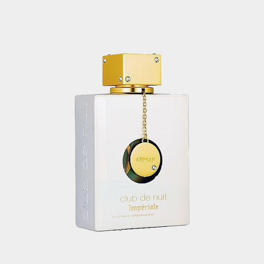 Elegant bottle of Armaf Club De Nuit White Imperiale Sample, featuring a sleek white design with a gold accent and a decorative chain. Ideal for showcasing this refined fragrance.