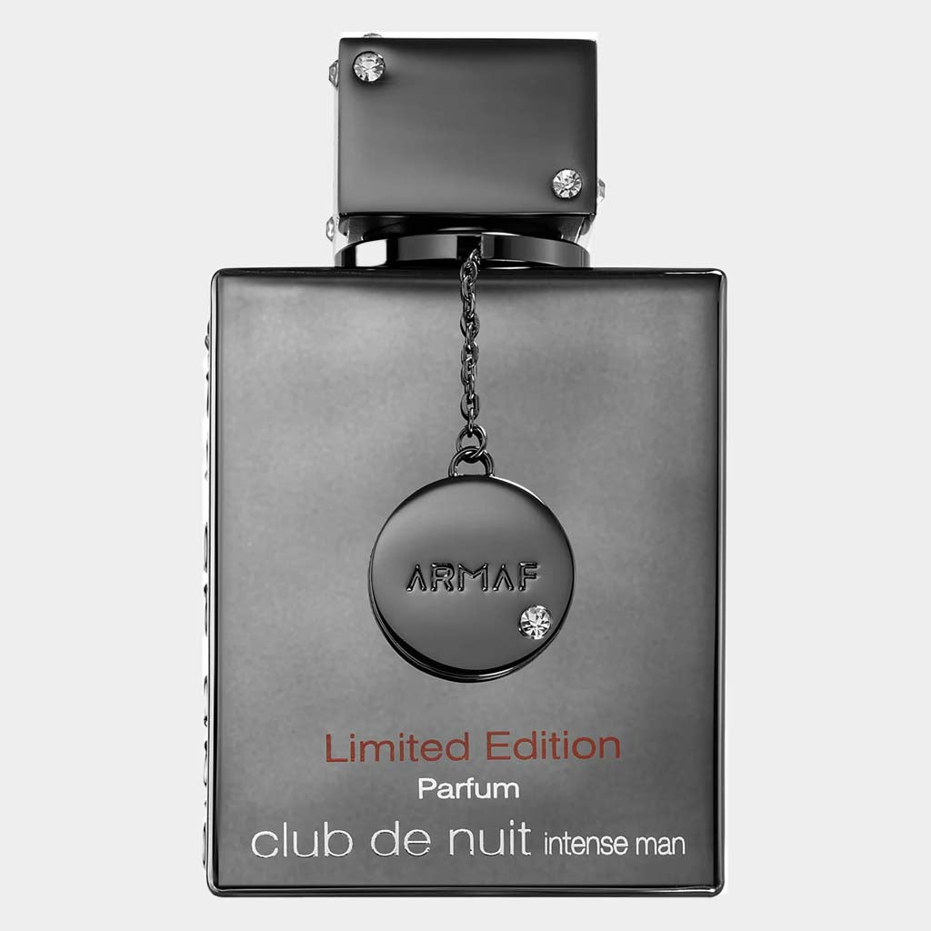A sleek black bottle of Armaf Club de Nuit Intense Man Limited Edition Sample perfume, featuring a metallic pendant and elegant design, showcasing the fragrance’s luxurious appeal.