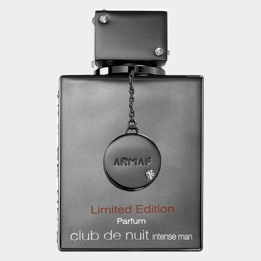 A sleek black bottle of Armaf Club de Nuit Intense Man Limited Edition Sample perfume, featuring a metallic pendant and elegant design, showcasing the fragrance’s luxurious appeal.