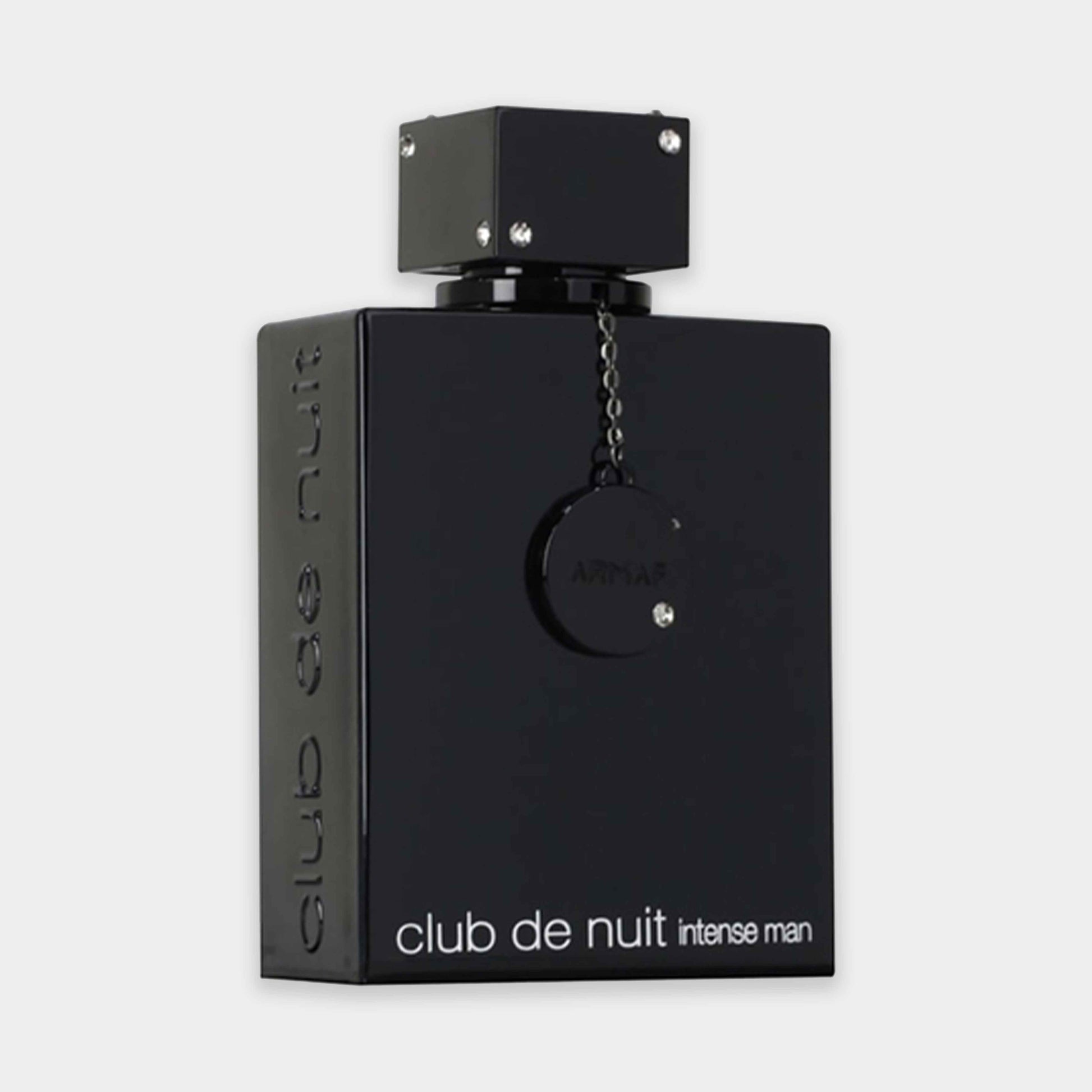 Armaf Club de Nuit Intense Man EDP sample, featuring a sleek black bottle with a distinctive square shape and a decorative chain attached to the cap.