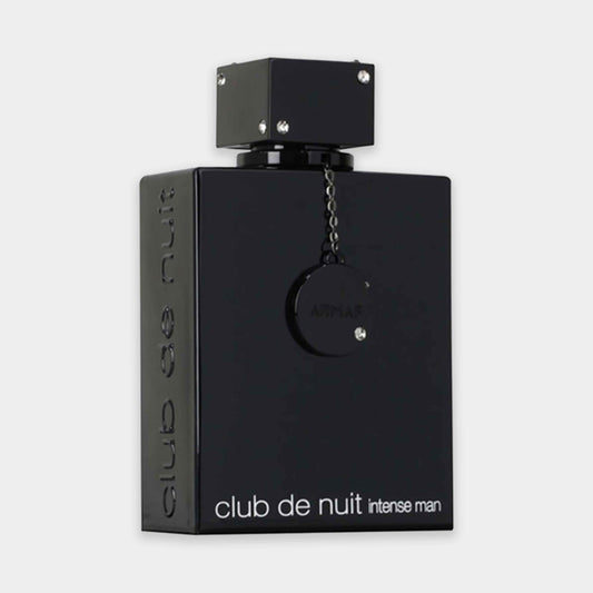 Armaf Club de Nuit Intense Man EDP sample, featuring a sleek black bottle with a distinctive square shape and a decorative chain attached to the cap.