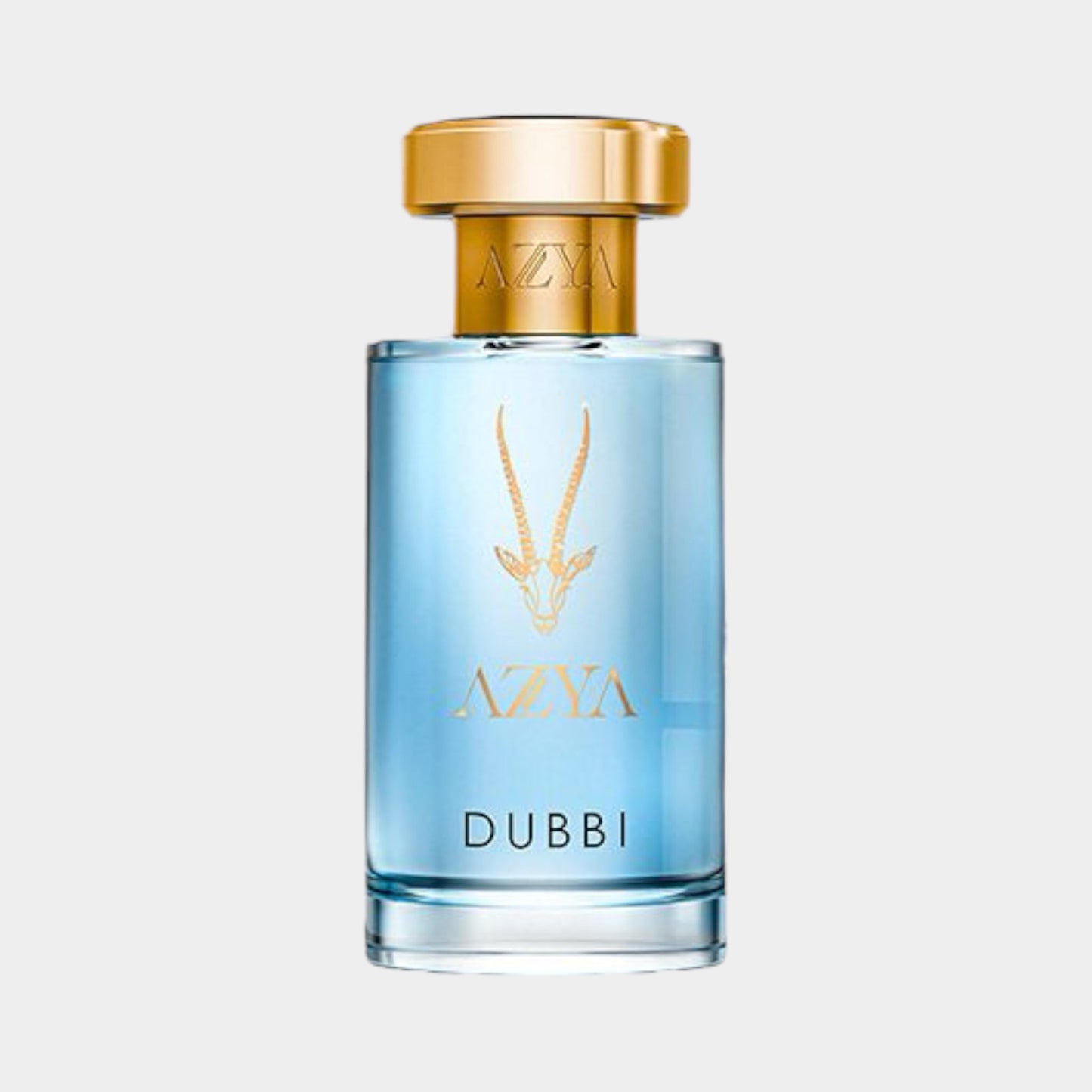 A clear bottle of Azya Dubbi Sample perfume featuring a gold cap and a sleek design, reflecting a light blue fragrance inside. The bottle is elegantly branded with the Azya logo and a stylized antelope emblem.