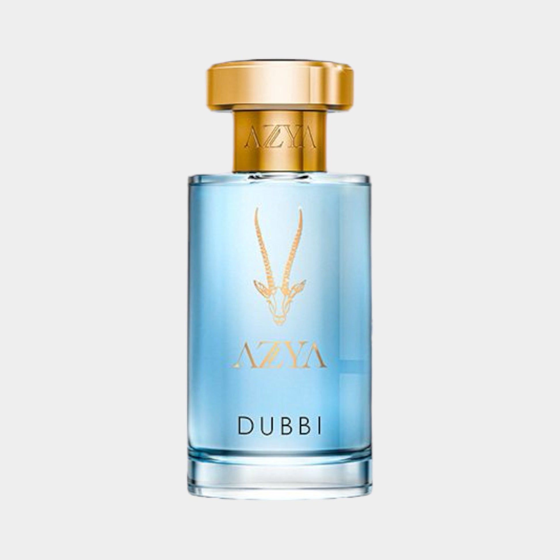A clear bottle of Azya Dubbi Sample perfume featuring a gold cap and a sleek design, reflecting a light blue fragrance inside. The bottle is elegantly branded with the Azya logo and a stylized antelope emblem.