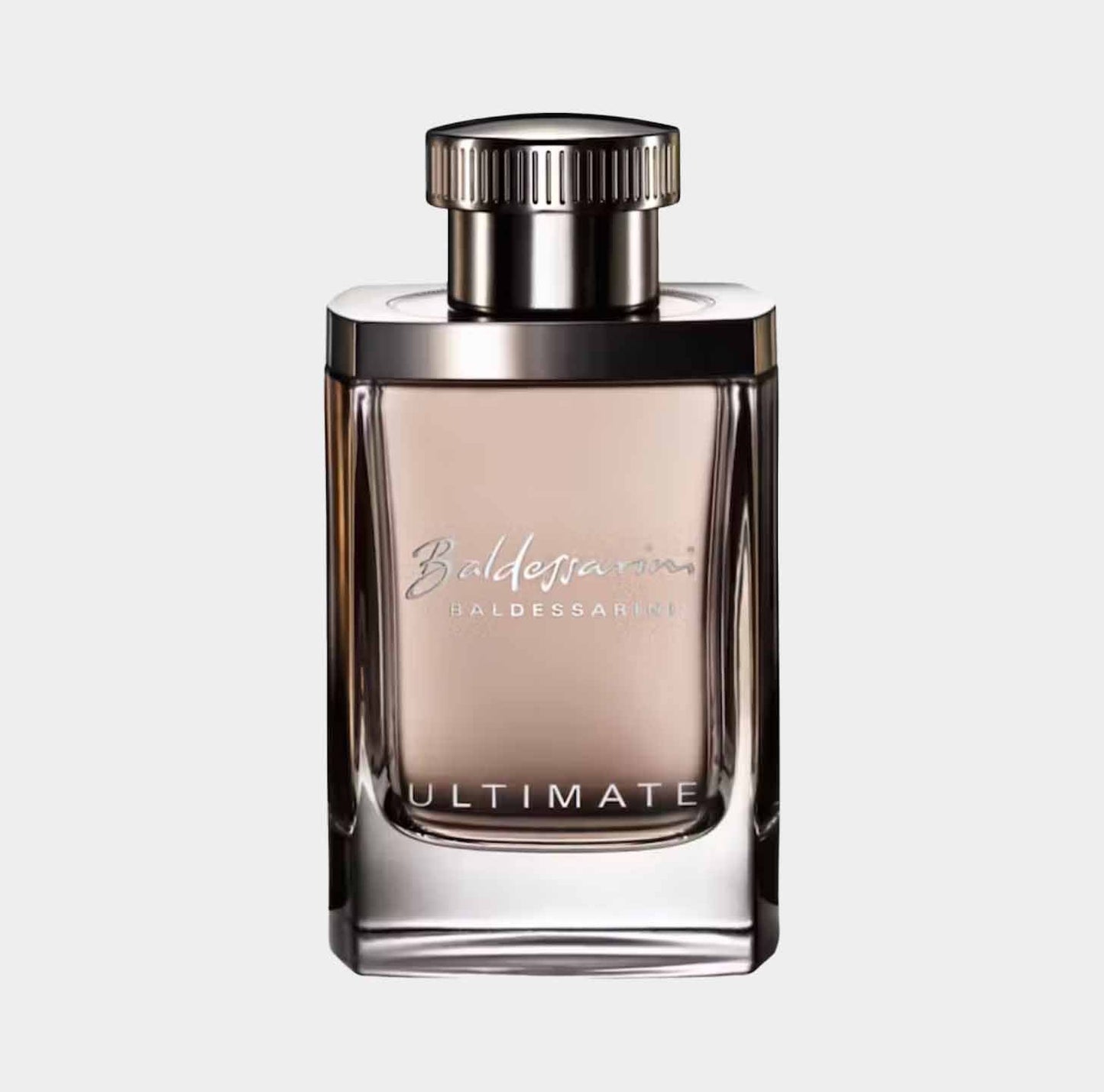 A sleek bottle of Baldessarini Ultimate Sample perfume, showcasing an elegant design with a silver cap and a frosted body that hints at sophistication. The label features the brand name prominently, indicating its luxurious appeal.