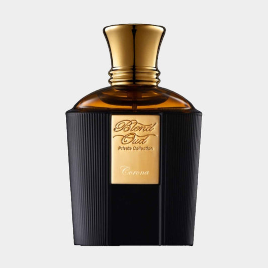 A sleek, dark bottle of Blend Oud Private Collection Corona Sample, featuring a gold cap and an elegant label, exuding luxury and sophistication.