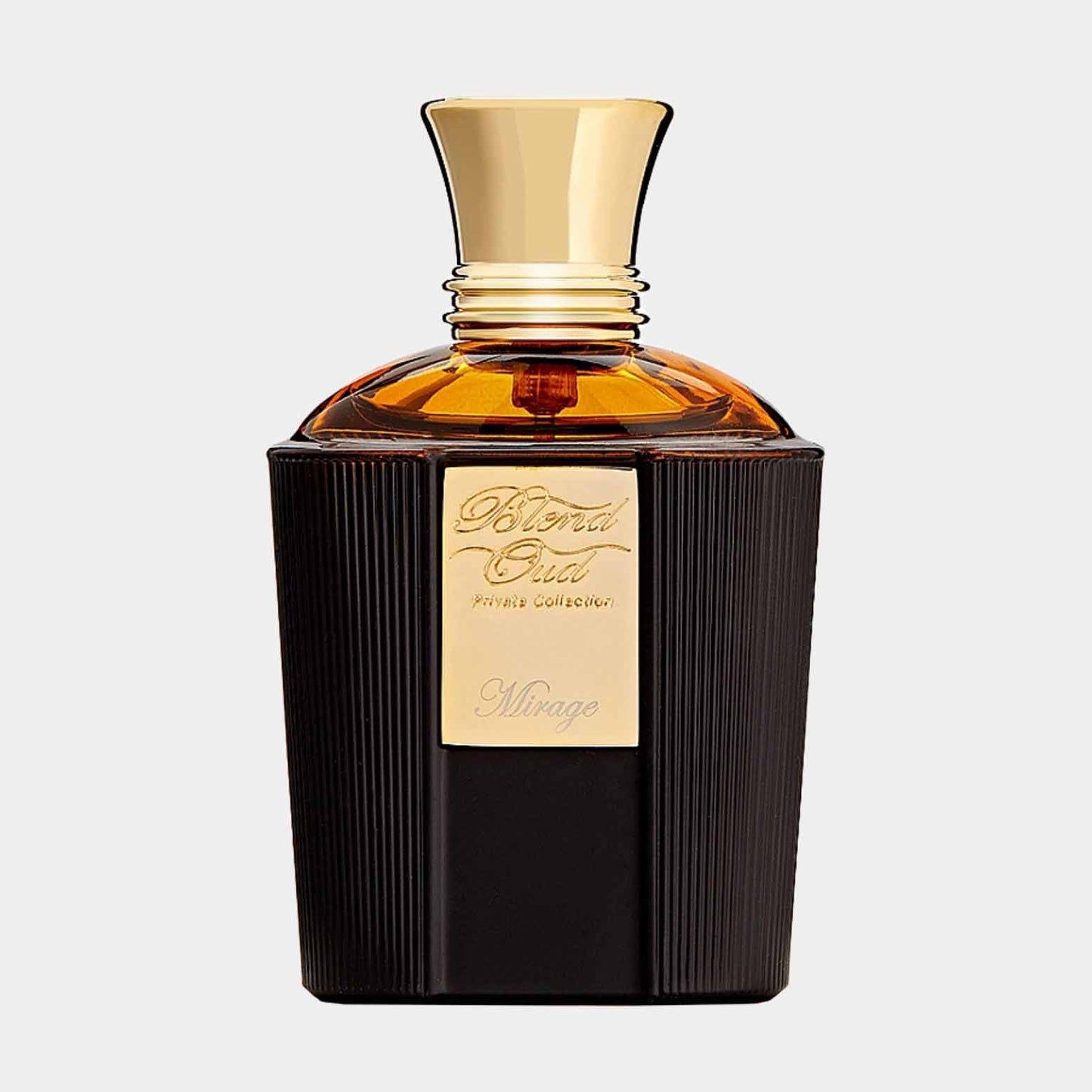 A luxurious bottle of Blend Oud Private Collection Mirage Sample, featuring a sleek black base and a golden cap, showcasing elegance and sophistication in fragrance design.