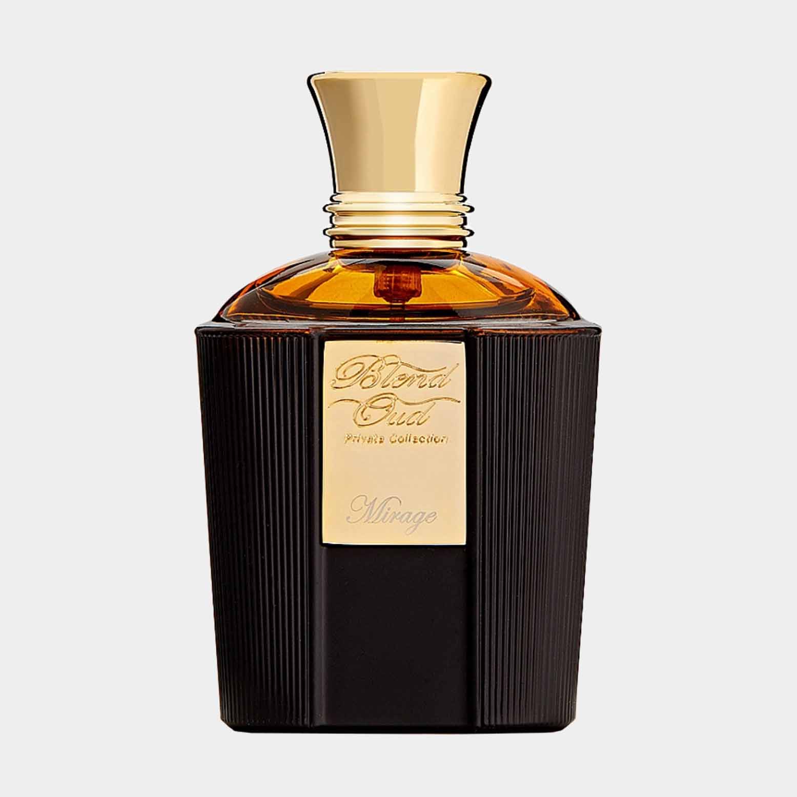 A luxurious bottle of Blend Oud Private Collection Mirage Sample, featuring a sleek black base and a golden cap, showcasing elegance and sophistication in fragrance design.