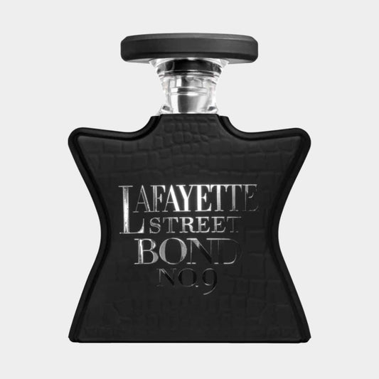 A full bottle of Bond No. 9 Lafayette Street perfume, featuring a distinctive star-shaped black glass design with a textured finish and silver lettering.