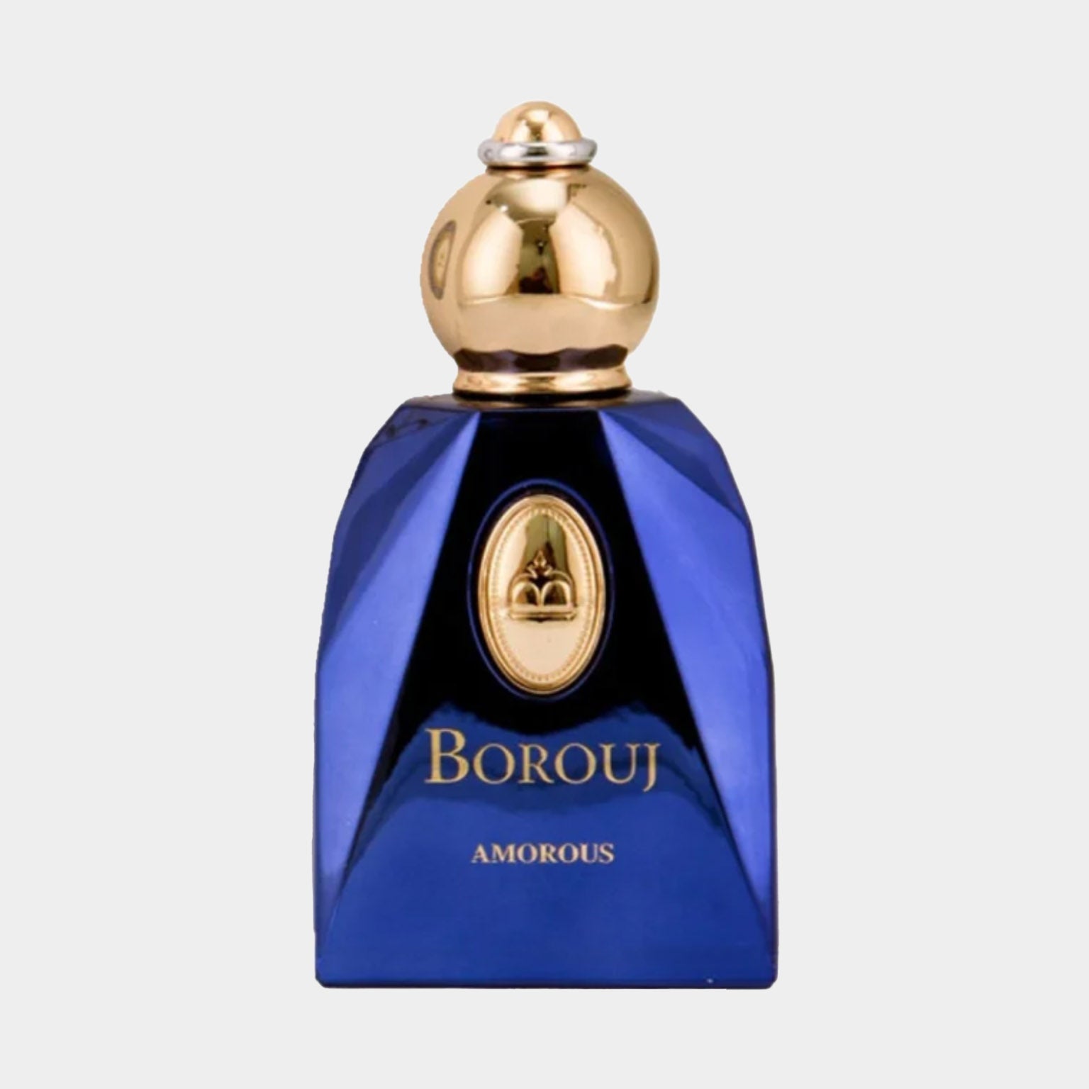 Borouj Amorous Sample, featuring an elegant blue glass bottle with a gold cap and decorative emblem, designed for a luxurious fragrance experience.