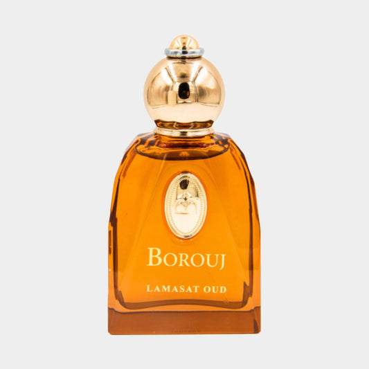 A luxurious amber bottle of Borouj Lamasat Oud Sample, featuring an elegant gold cap and an ornate label. This fragrance exudes sophistication and rich oud aromas.