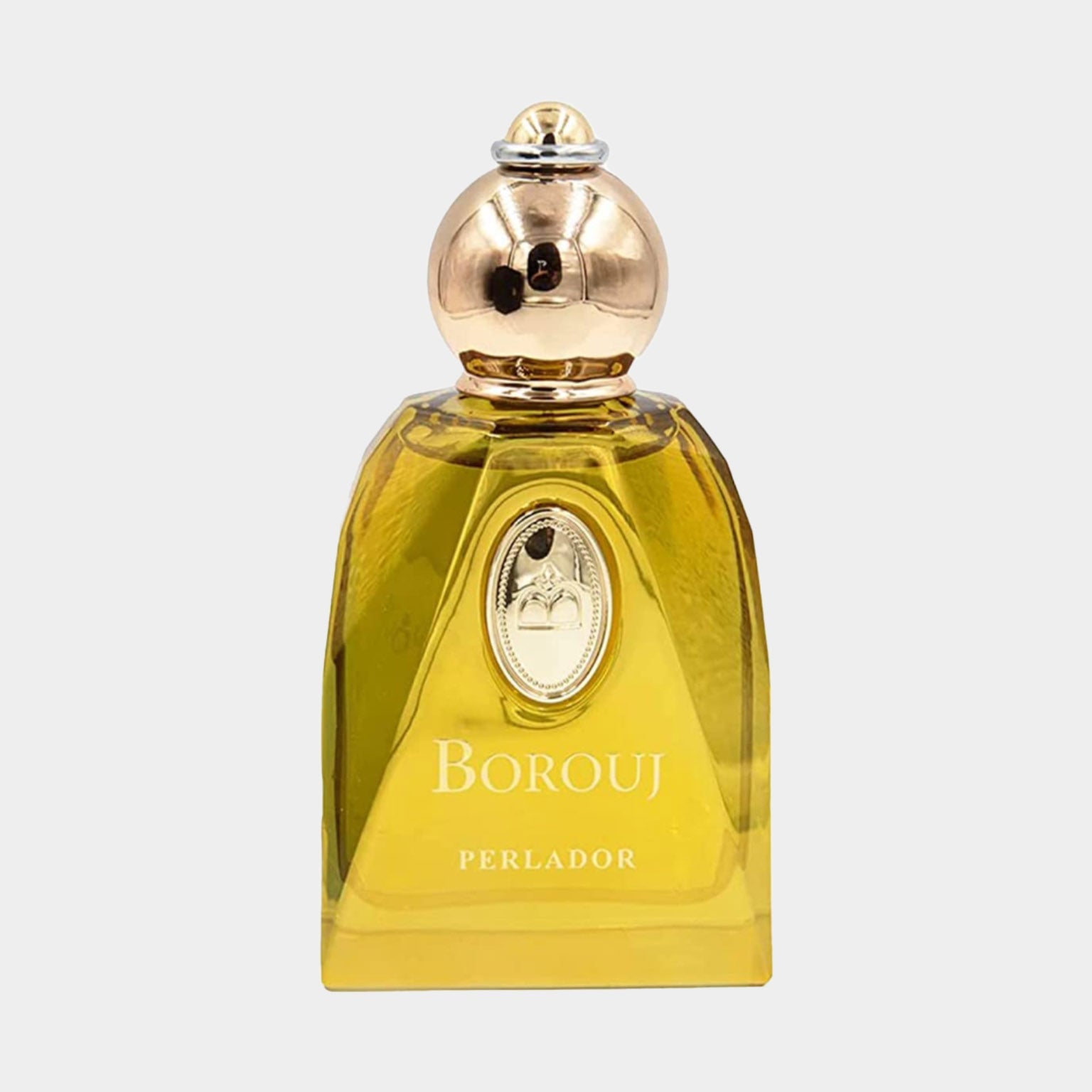A sleek glass bottle of Borouj Perlador Sample with a golden cap and a rectangular shape, exuding elegance and luxury. The label prominently displays the brand name Borouj in elegant font.
