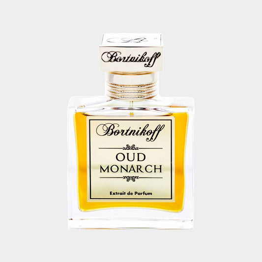 Bortnikoff Oud Monarch full bottle, featuring an elegant square glass design with a gold-accented label, showcasing a rich, amber liquid inside. The fragrance is an extrait de parfum, emphasizing luxury and sophistication.