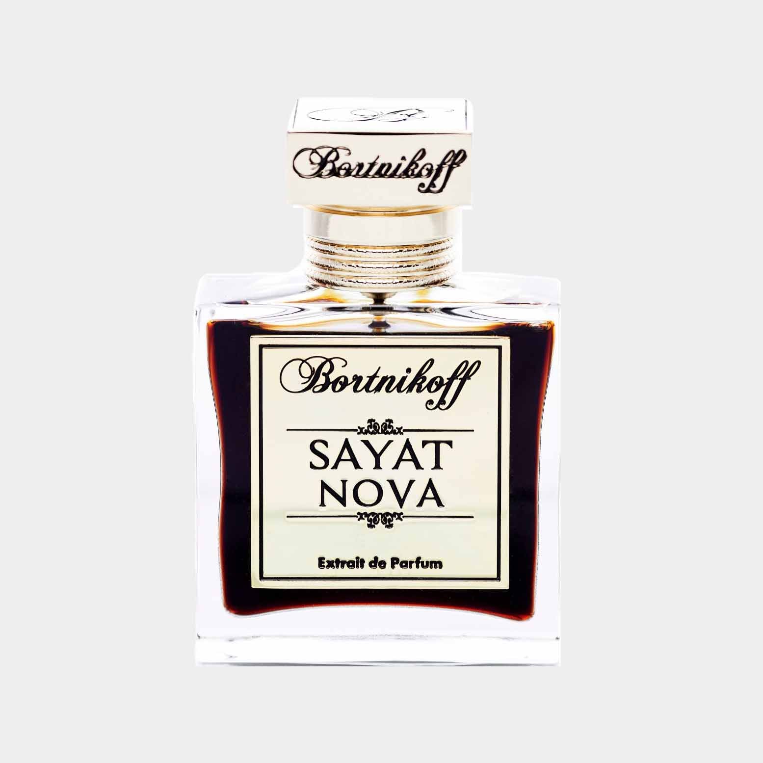 A full bottle of Bortnikoff Sayat Nova perfume, featuring an elegant glass design with a gold-accented cap and a stylish label. The liquid inside has a rich, dark hue, suggesting a luxurious fragrance.