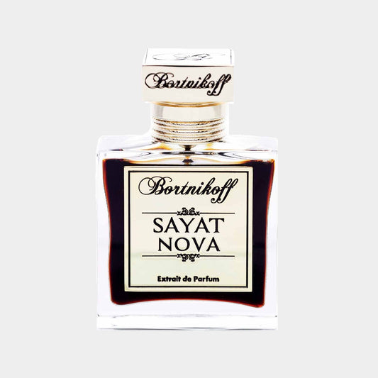 A full bottle of Bortnikoff Sayat Nova perfume, featuring an elegant glass design with a gold-accented cap and a stylish label. The liquid inside has a rich, dark hue, suggesting a luxurious fragrance.