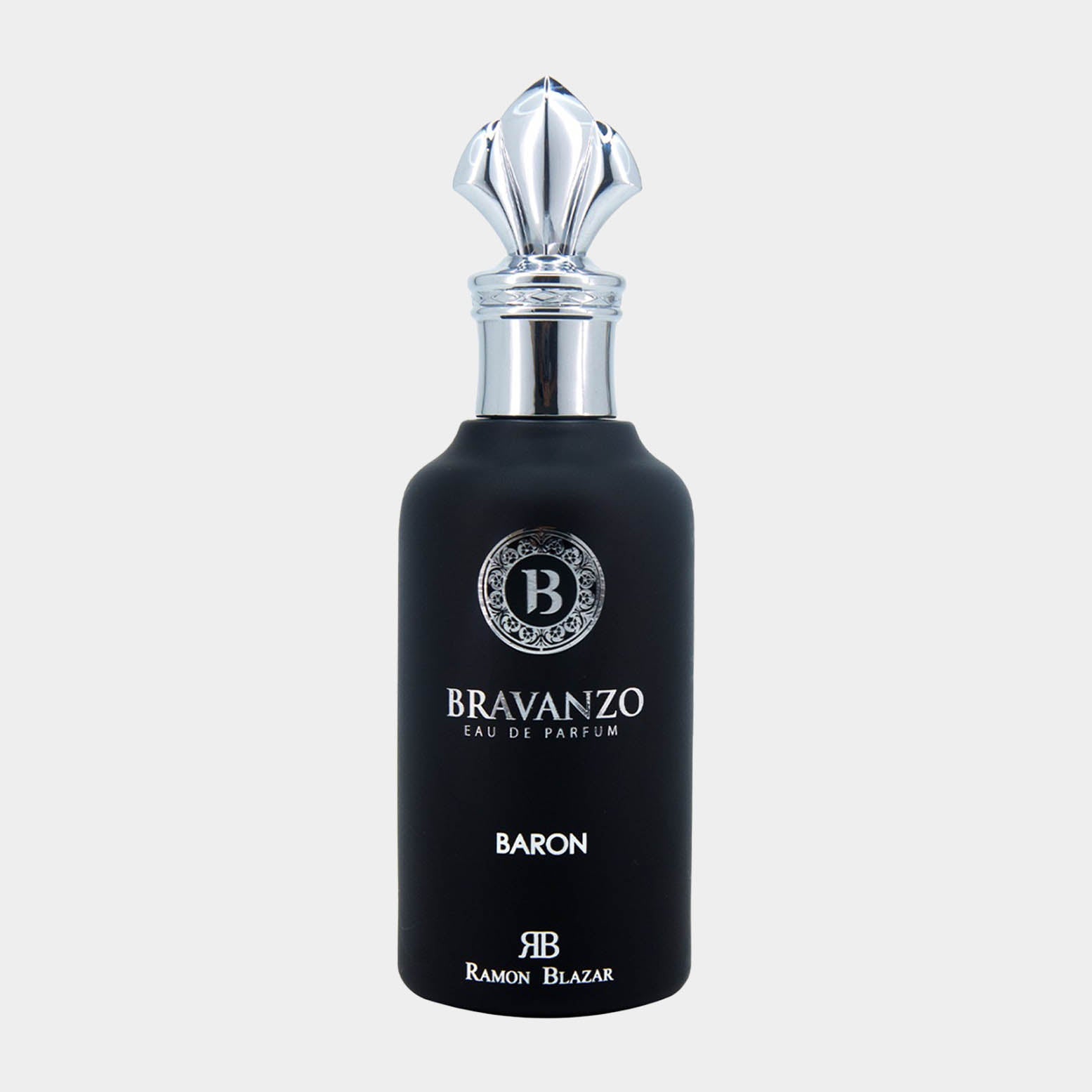 A sleek black perfume bottle featuring a decorative silver cap, labeled Bravanzo Baron Sample and designed by Ramon Blazar, exuding elegance and sophistication.