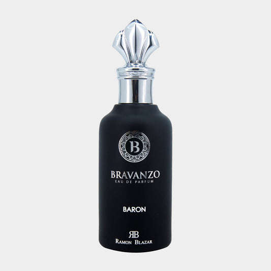 A sleek black perfume bottle featuring a decorative silver cap, labeled Bravanzo Baron Sample and designed by Ramon Blazar, exuding elegance and sophistication.