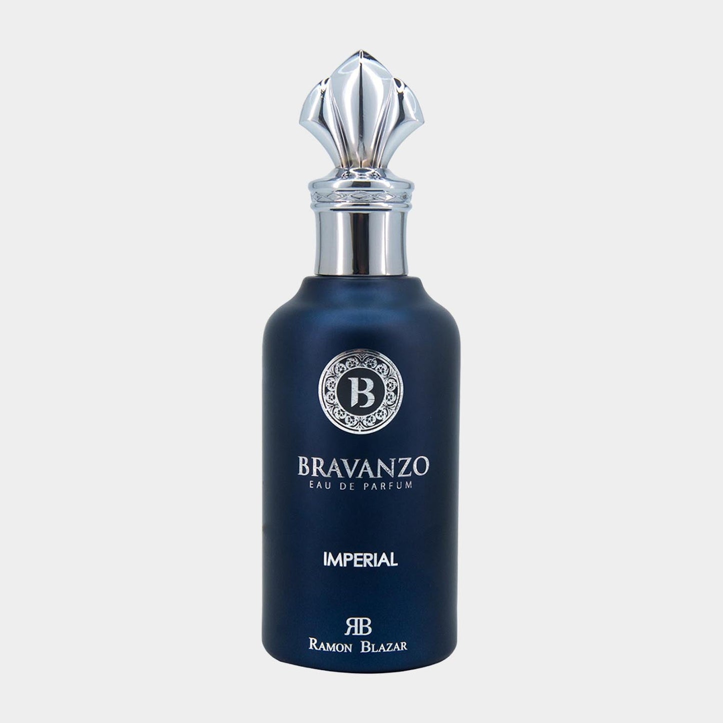 A luxurious bottle of Bravanzo Imperial Sample Eau de Parfum, featuring an elegant dark blue design with a decorative silver cap and the brand's logo prominently displayed.