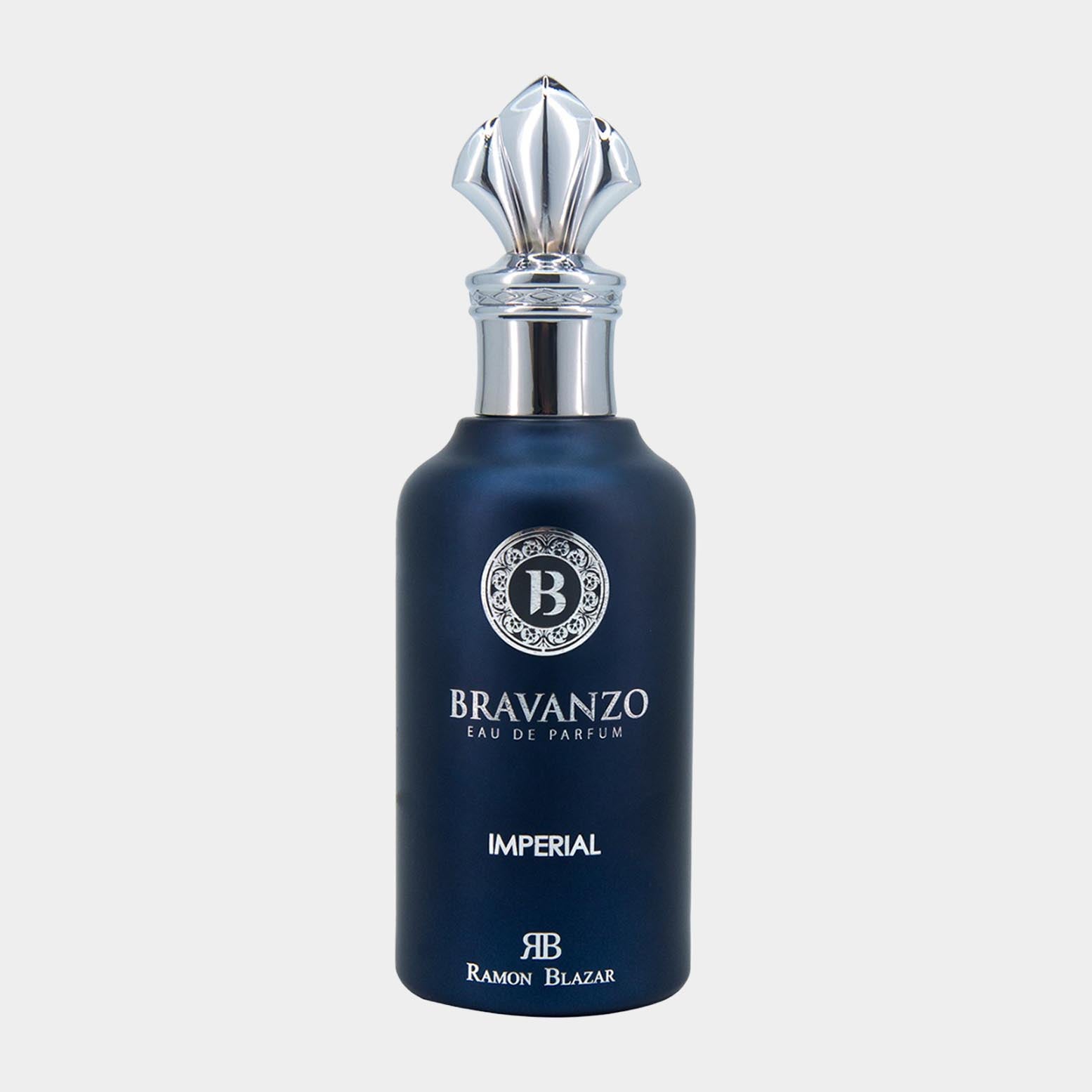 A luxurious bottle of Bravanzo Imperial Sample Eau de Parfum, featuring an elegant dark blue design with a decorative silver cap and the brand's logo prominently displayed.