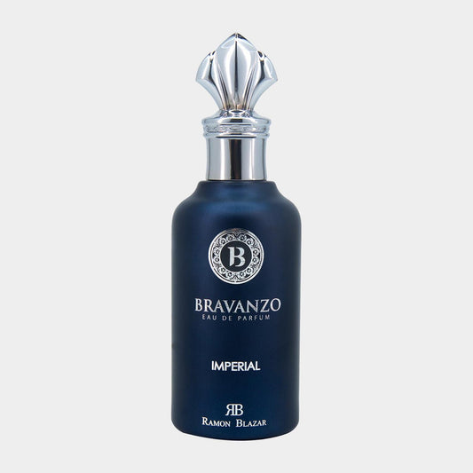 A luxurious bottle of Bravanzo Imperial Sample Eau de Parfum, featuring an elegant dark blue design with a decorative silver cap and the brand's logo prominently displayed.