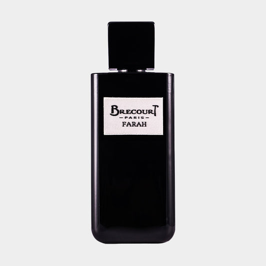 A sleek black full bottle of Brecourt Farah EDP, featuring a minimalist design and a label with elegant typography.