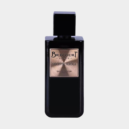 A sleek black bottle of Brecourt Noces de Nerola perfume, featuring a stylish square design and a gold label that highlights its name. The elegant packaging suggests a luxurious fragrance experience.