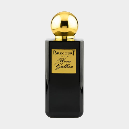 A full bottle of Brecourt Rosa Gallica fragrance, featuring an elegant black glass design topped with a shiny gold cap. The label displays the brand name and scent, emphasizing its luxurious appeal.