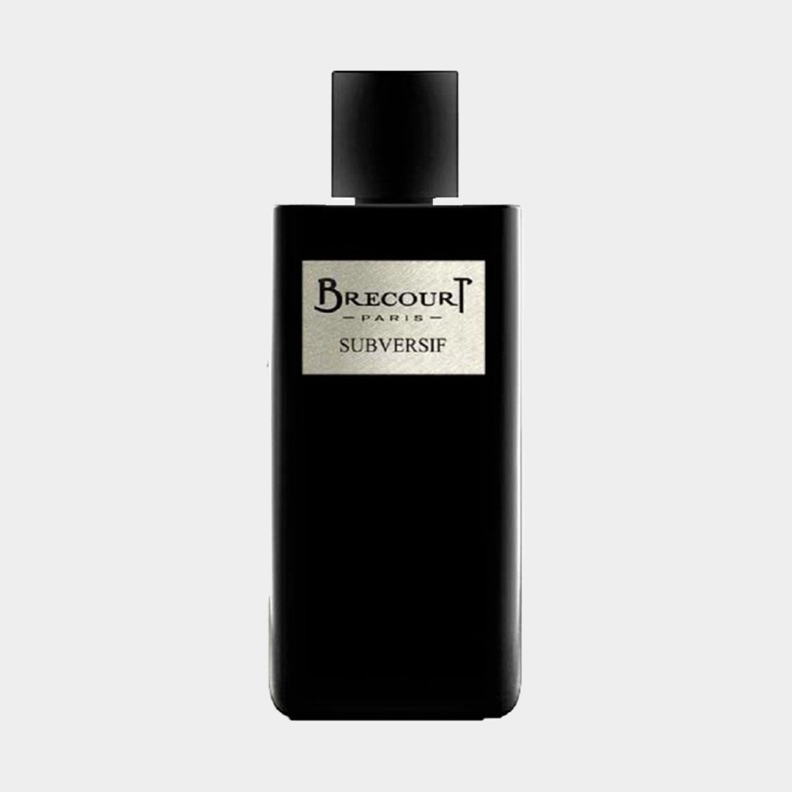 A sleek black bottle of Brecourt Subversif, featuring a minimalist design with a silver label displaying the brand name and fragrance title. The bottle exudes elegance and sophistication.