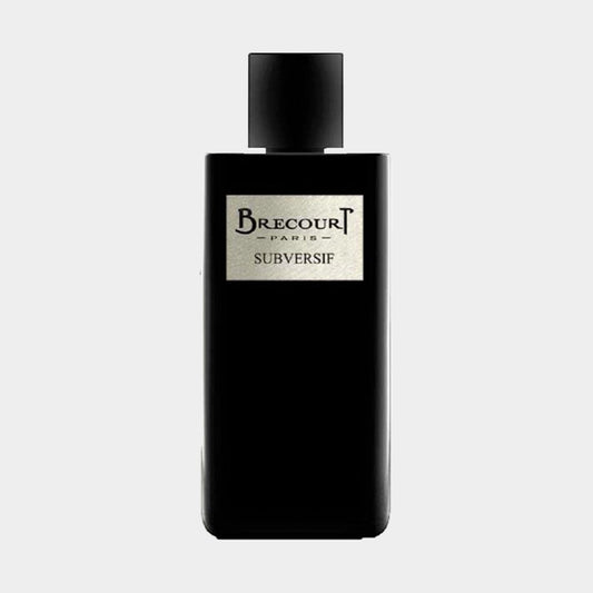 A sleek black bottle of Brecourt Subversif, featuring a minimalist design with a silver label displaying the brand name and fragrance title. The bottle exudes elegance and sophistication.