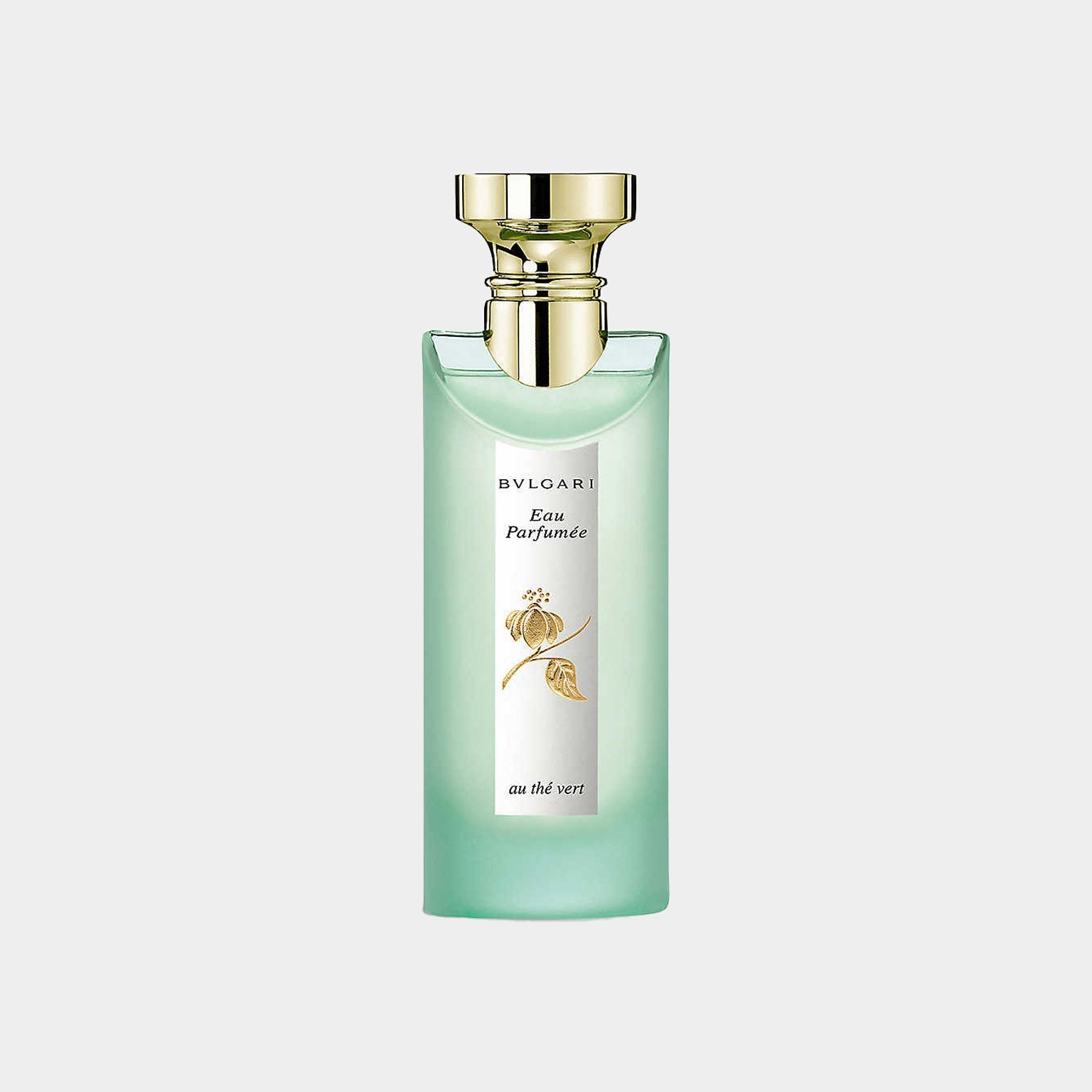 Bvlgari Au The Vert Eau de Cologne features a sleek, pale green bottle adorned with elegant gold accents and a floral motif. This fragrance evokes a fresh and revitalizing essence inspired by green tea.