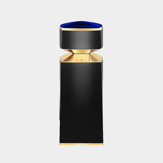 A sleek black and gold bottle of Bvlgari Le Gemme Gyan Sample, featuring a distinctive design with a striking blue cap.