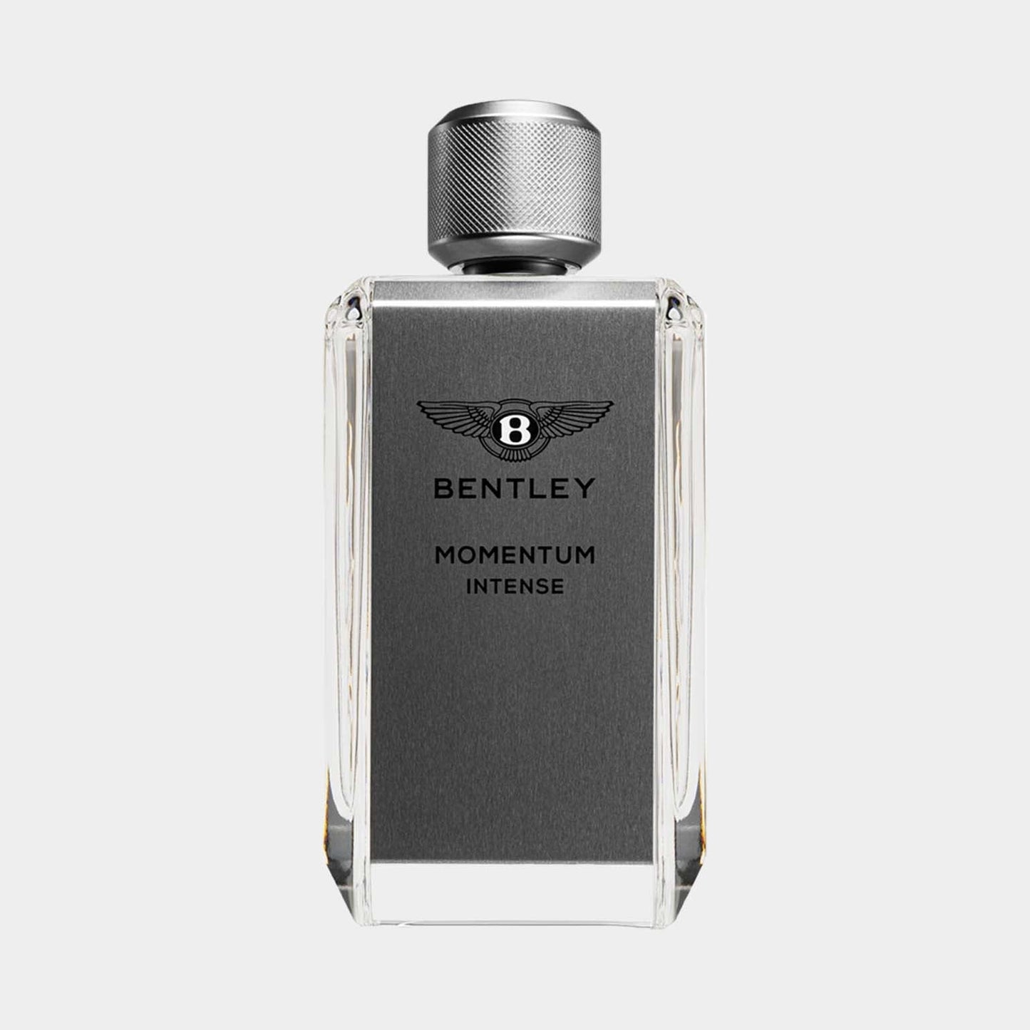 A sleek, rectangular bottle of Bentley Momentum Intense perfume, featuring a silver cap and embossed logo on the front, against a neutral background.