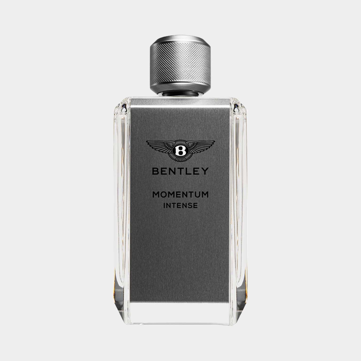 A sleek, rectangular bottle of Bentley Momentum Intense perfume, featuring a silver cap and embossed logo on the front, against a neutral background.