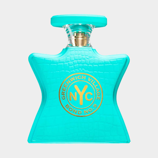 A vibrant turquoise fragrance bottle labeled Bond No. 9 Greenwich Village Sample, featuring a star-shaped design and gold accents. The bottle is designed to evoke the essence of NYC.