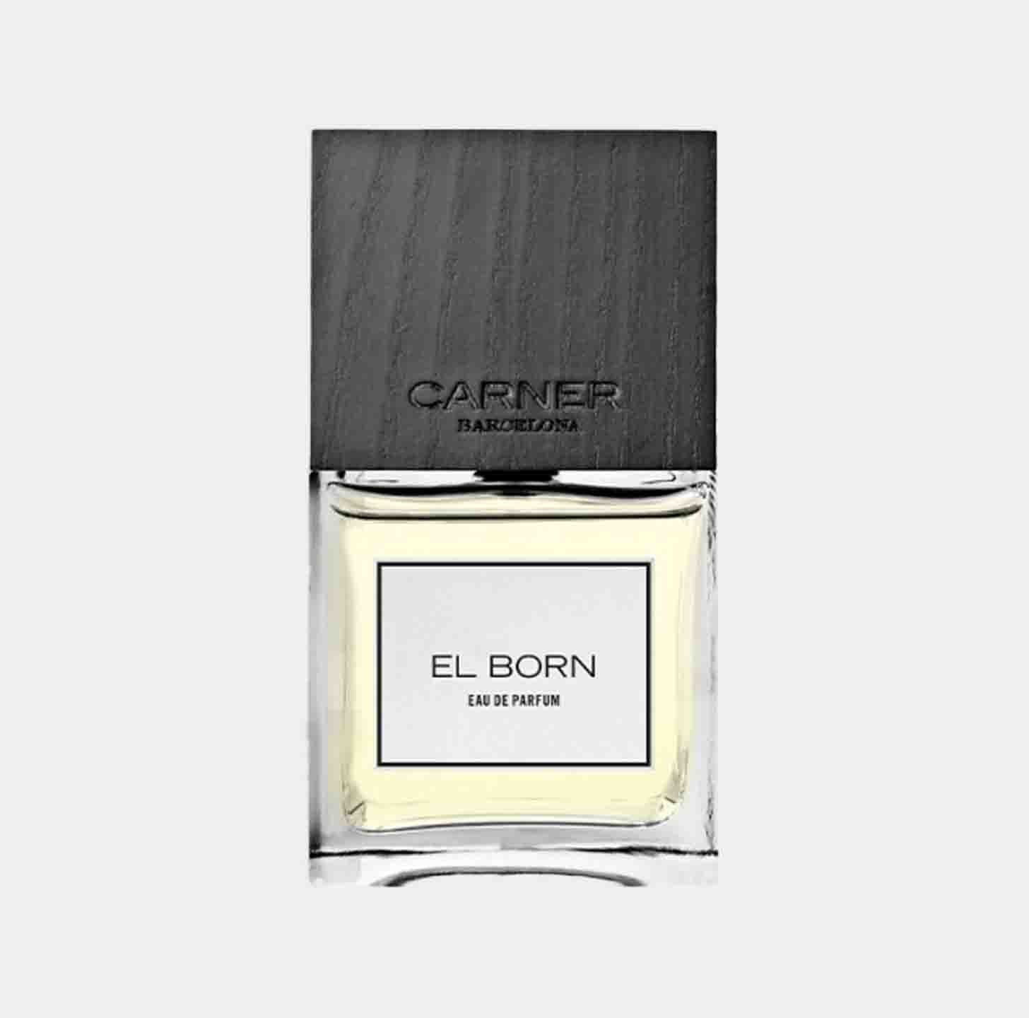 Carner Barcelona El Born Sample is a sleek, rectangular glass perfume bottle featuring a dark wooden cap. The label prominently displays EL BORN and Eau de Parfum, suggesting a luxurious fragrance experience.