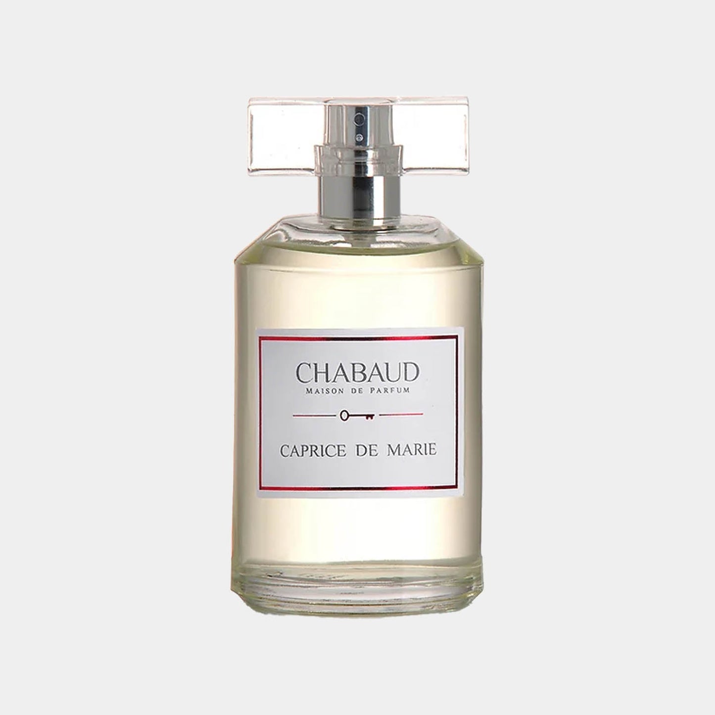 A full bottle of Chabaud Maison de Parfum Caprice De Marie, featuring a clear glass design with a rectangular cap and a simple label displaying the product name.