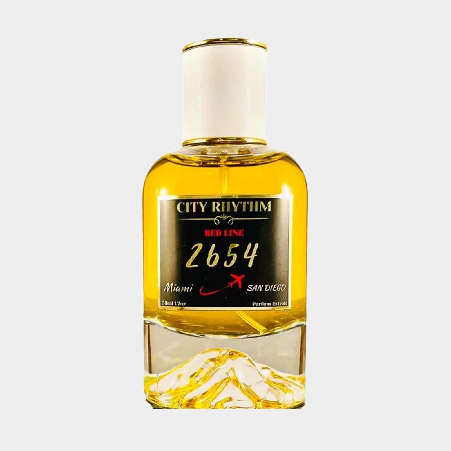 A full bottle of City Rhythm 2654, featuring a sleek glass design with a golden liquid inside, labeled Red Line and representing Miami and San Diego.