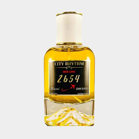 A full bottle of City Rhythm 2654, featuring a sleek glass design with a golden liquid inside, labeled Red Line and representing Miami and San Diego.