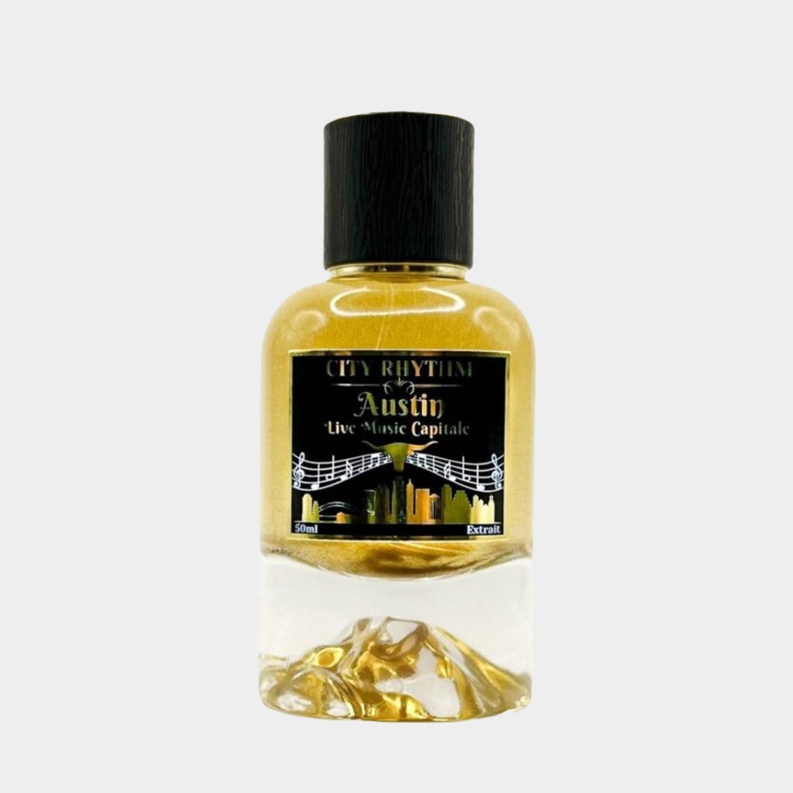 City Rhythm Austin Sample, a fragrance in a clear glass bottle with a black cap, featuring a label celebrating Austin as the 'Live Music Capital.' The bottle's base includes decorative gold elements.