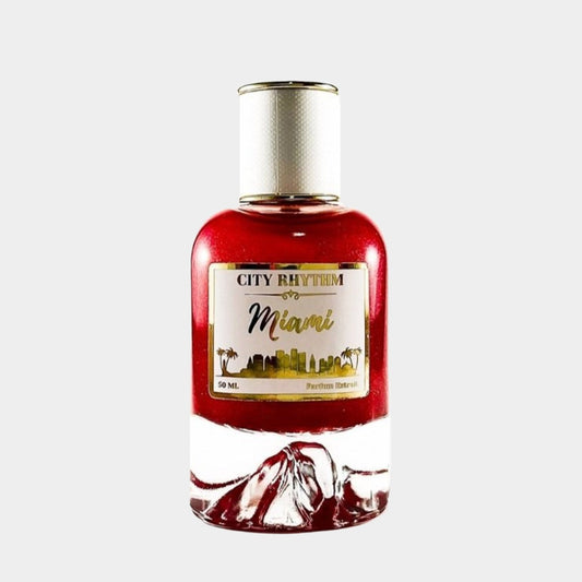 A 50 mL bottle of 'City Rhythm Miami Sample' perfume, featuring a vibrant red liquid and a decorative label showcasing a city skyline. The bottle has an elegant design with a gold cap and base.
