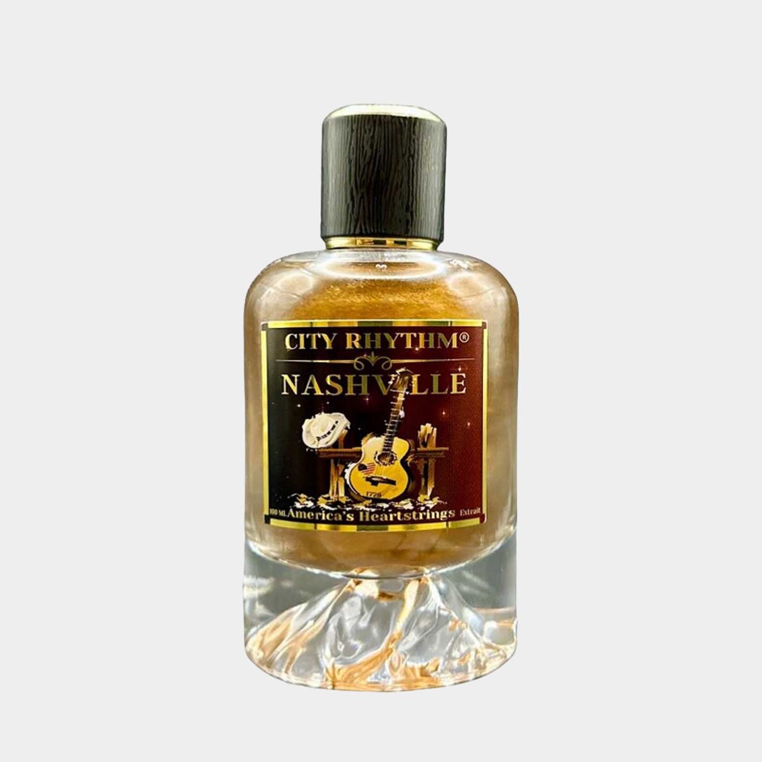 A bottle of City Rhythm Nashville Sample perfume, featuring a metallic cap and a decorative label showcasing music-themed imagery, encapsulating the essence of Nashville.