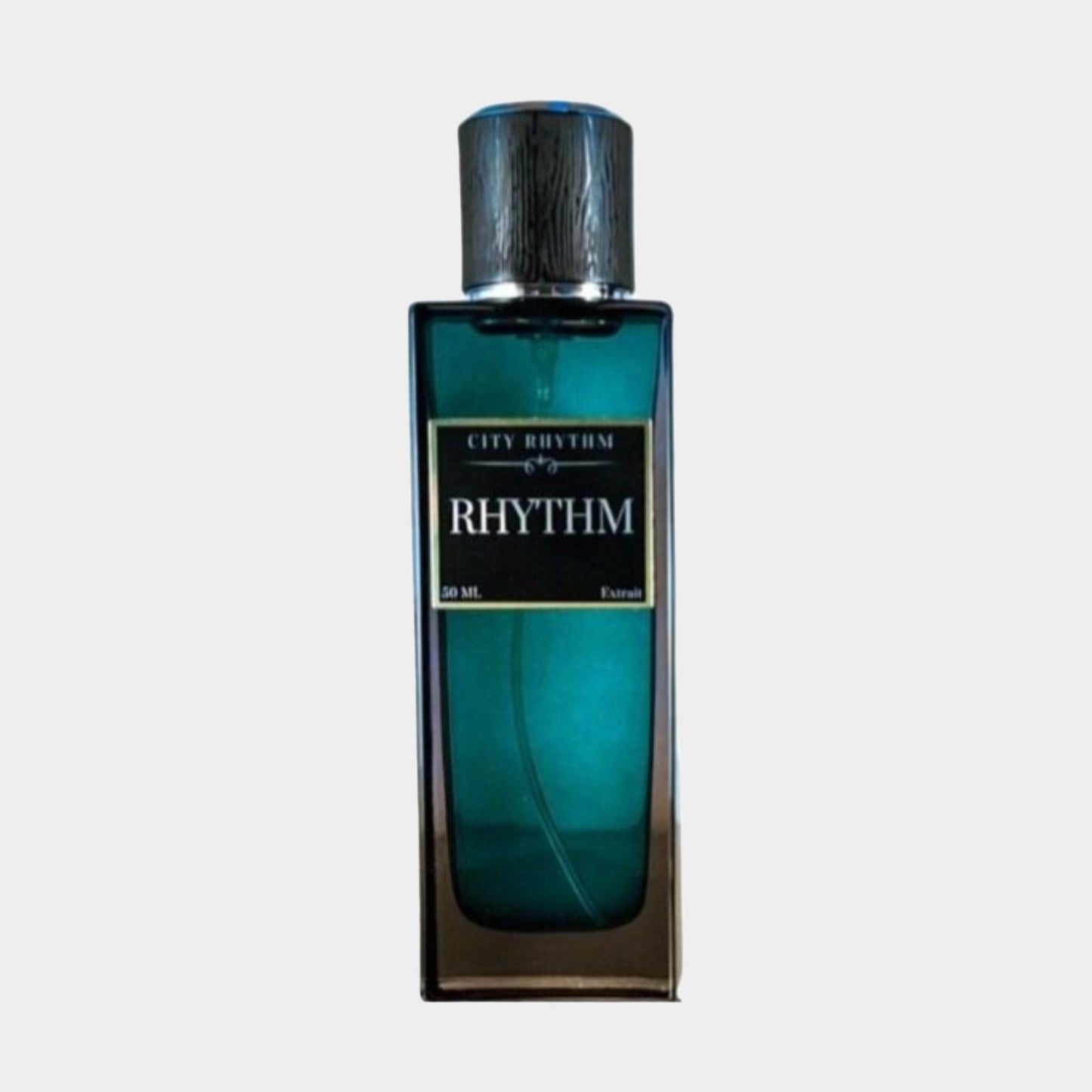 A sleek bottle of City Rhythm Rhythm Sample featuring a turquoise liquid and a stylish silver cap, showcasing a modern design. The label prominently displays the name RHYTHM.