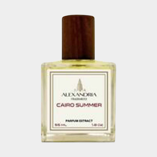 A bottle of Alexandria Fragrances Cairo Summer Sample, featuring a clear glass design with a wooden cap, containing 55 mL of parfum extract. The label displays the brand name and fragrance title.