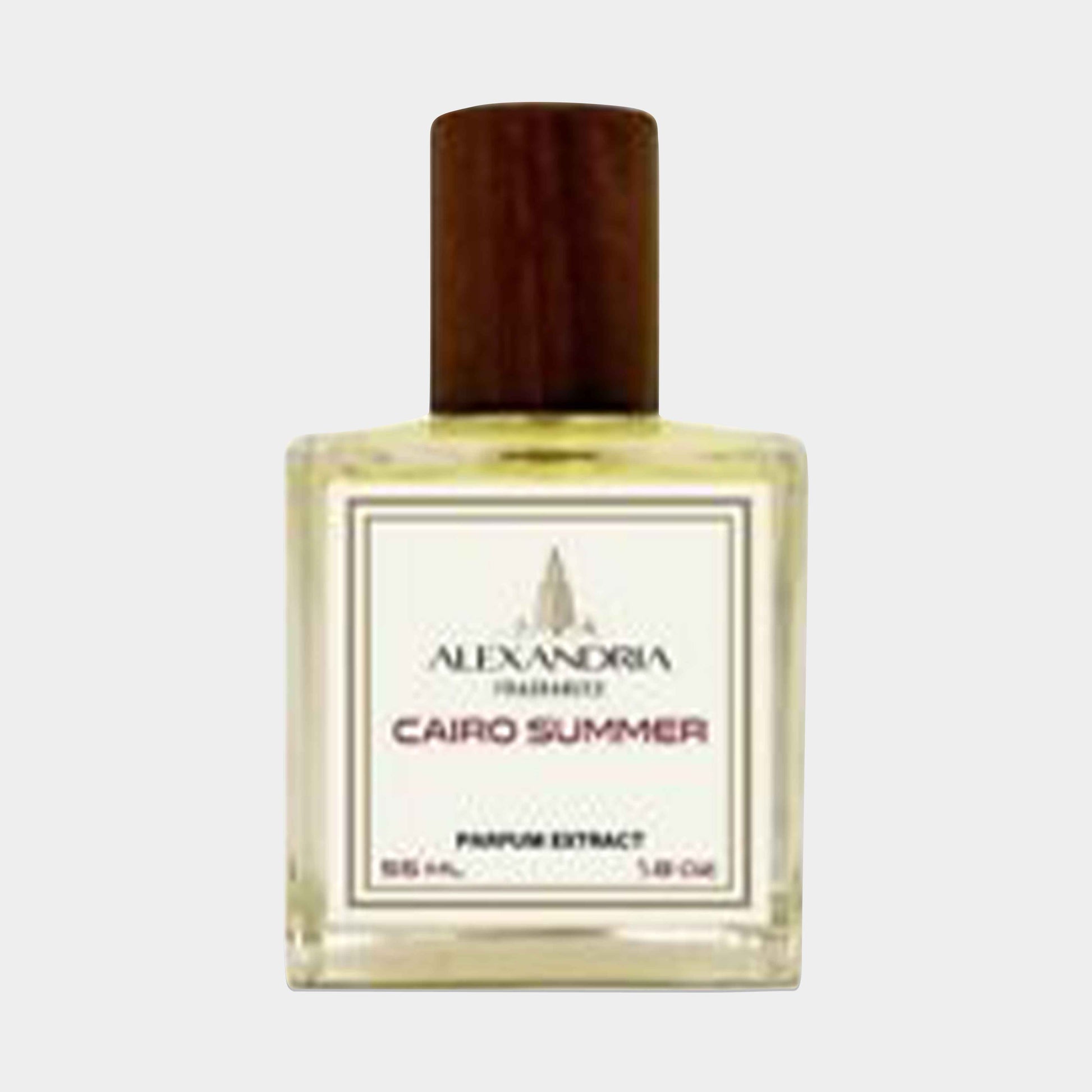 A full bottle of Alexandria Fragrances Cairo Summer, featuring a rectangular glass container with a wooden cap, labeled with the scent name and volume of 55 mL.