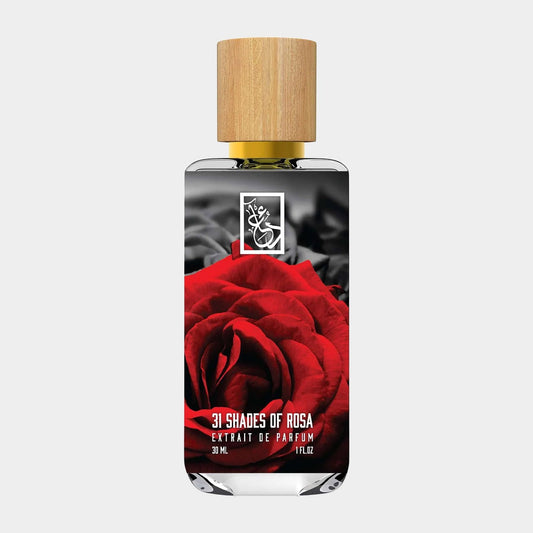 A stylish perfume bottle labeled Dua 31 Shades of Rosa Sample, featuring a black and red rose design and a wooden cap, showcasing its luxurious essence in a 30 mL size.