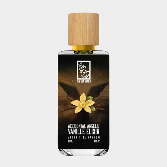 A 30 ml bottle of Dua Accidental Angelic Vanille Elixir, featuring a sleek design with a wooden cap and a dark label adorned with a vanilla flower and angelic imagery.