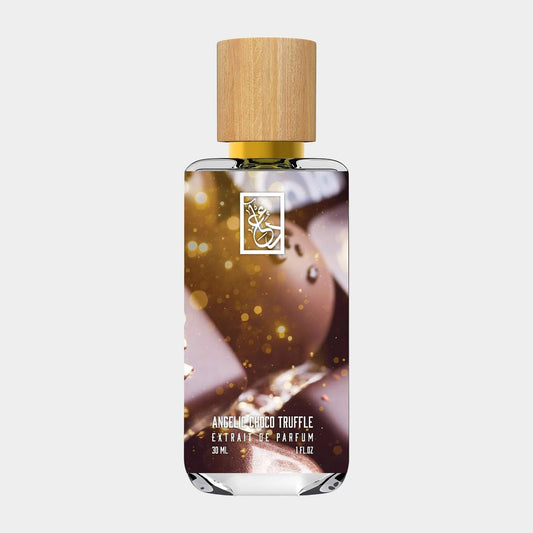 Bottle of Dua Angelic Choco Truffle Sample, a 30 mL extrait de parfum featuring a stylish design with a wooden cap and a backdrop of rich chocolate truffles, evoking a luxurious and indulgent scent.