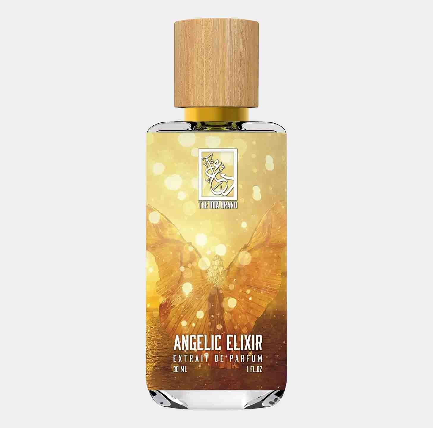A sleek bottle of 'Dua Angelic Elixir Sample' featuring a wooden cap and golden hues, with a butterfly design and sparkling background. The bottle contains 30 ml of fragrant perfume.