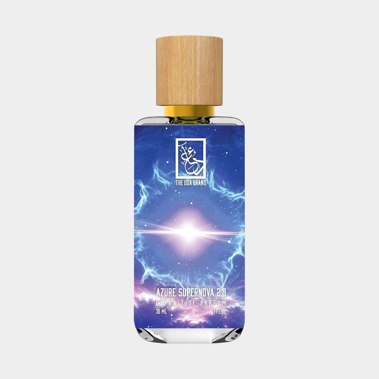 A sleek bottle of Dua Azure Supernova 2.0 Sample, featuring a vibrant blue and cosmic design, topped with a natural wooden cap. The bottle contains 50ml of exquisite perfume.