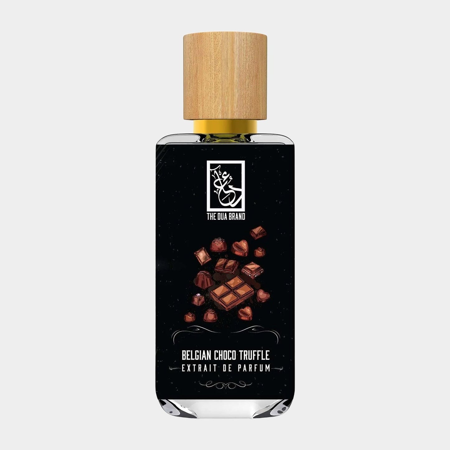 A stylish perfume bottle labeled Dua Belgian Choco Truffle, featuring a wooden cap and a black background adorned with chocolate truffles and bars, indicating a rich, chocolate-inspired fragrance.