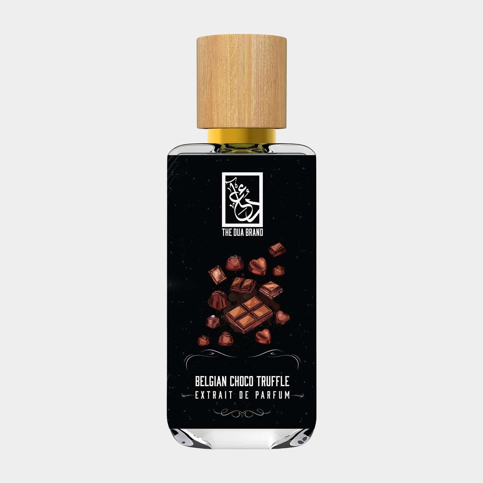 A stylish perfume bottle labeled Dua Belgian Choco Truffle, featuring a wooden cap and a black background adorned with chocolate truffles and bars, indicating a rich, chocolate-inspired fragrance.